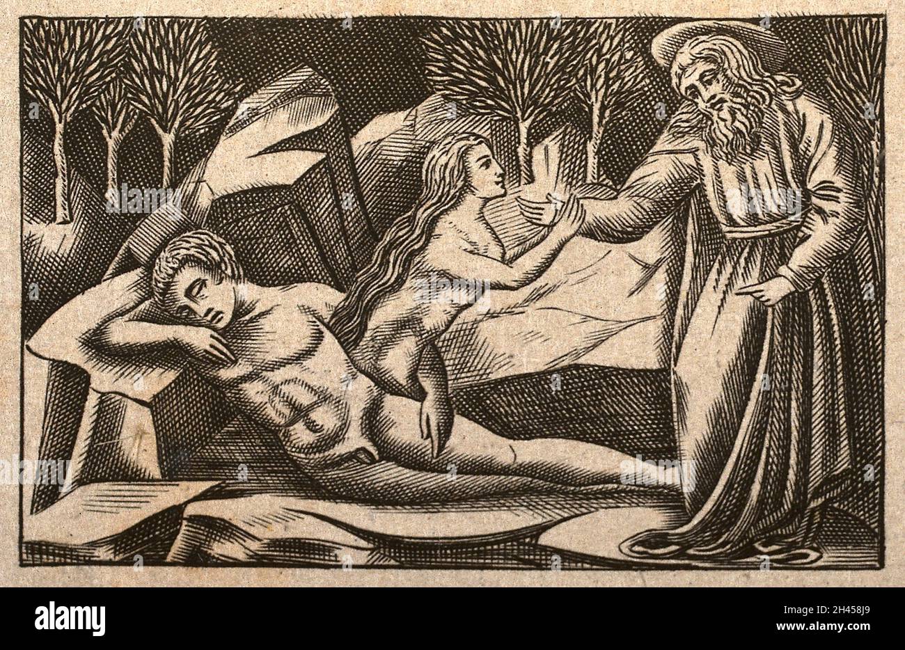 Dieu créant Eve hors d'Adam.Gravure de ligne. Banque D'Images