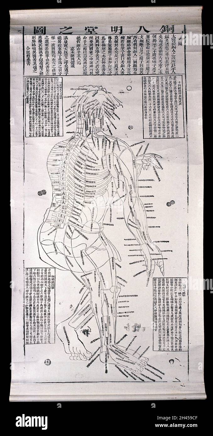 Acupuncture/points de pression à l'avant du corps.Coupe de bois par un artiste chinois. Banque D'Images