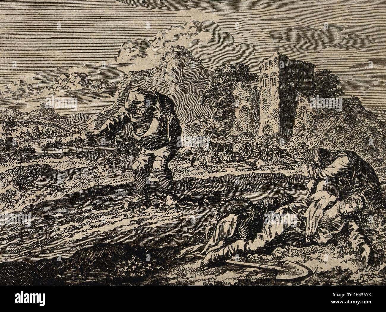 Les hommes dorment tandis qu'un homme sème les graines; représentant la parabole biblique de la sower.Gravure. Banque D'Images