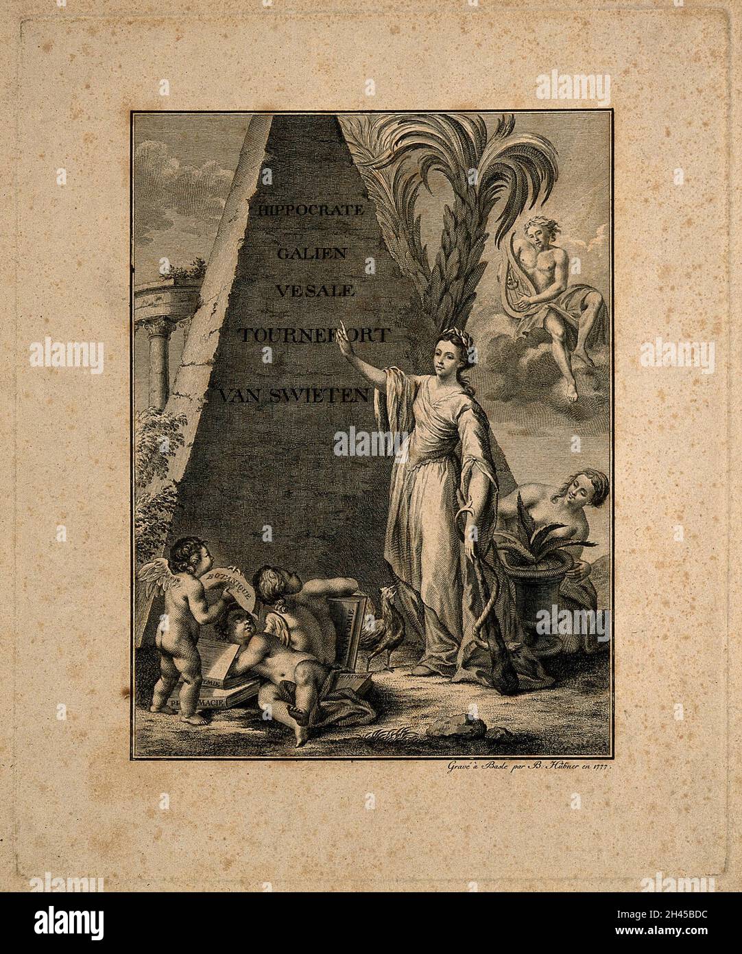 Hygieia se tient devant une pyramide gravée avec les noms de personnalités célèbres dans l'histoire de la médecine.Gravure par B. Hübner, 1777. Banque D'Images