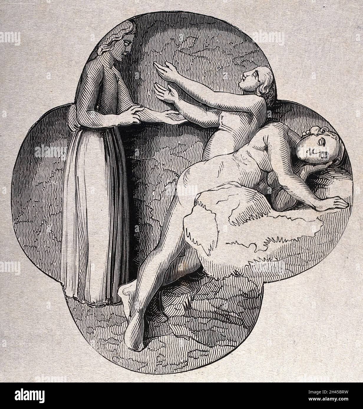 Dieu (femme ?)Création d'Eve à partir d'Adam.Gravure en bois. Banque D'Images