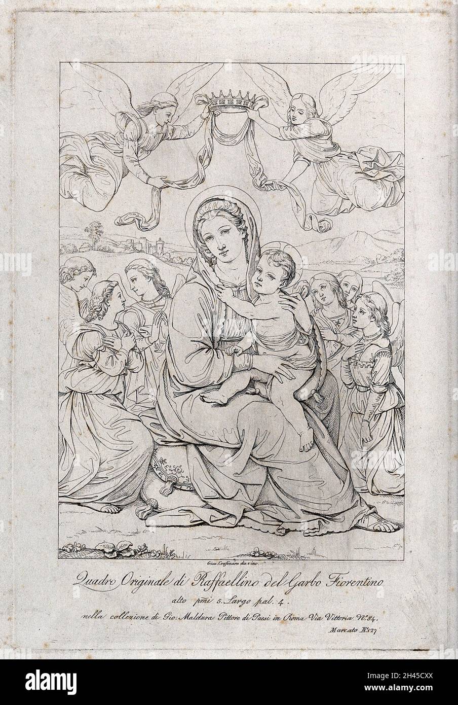 Sainte Marie (la Sainte Vierge) avec l'enfant Christ.Gravure par G. Craffonara après R. Capponi (Raffaellino del Garbo). Banque D'Images