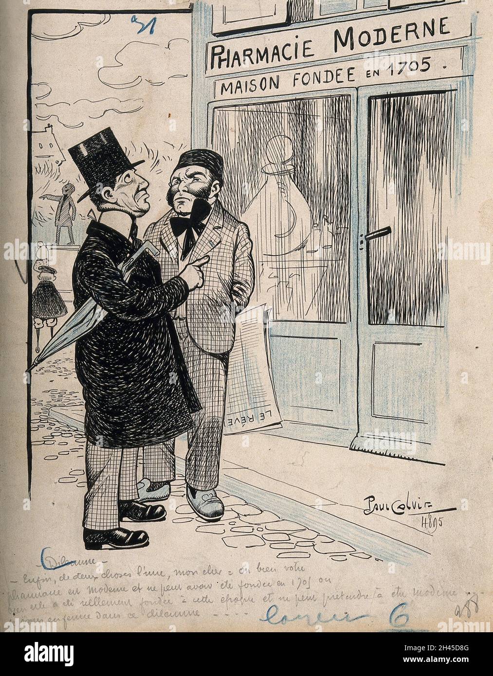 Deux messieurs opine qu'une « pharmacie moderne » qui a ouvert en 1705 ne peut plus être strictement appelée moderne.Lithographie colorée par P. Colvir, c.1895. Banque D'Images