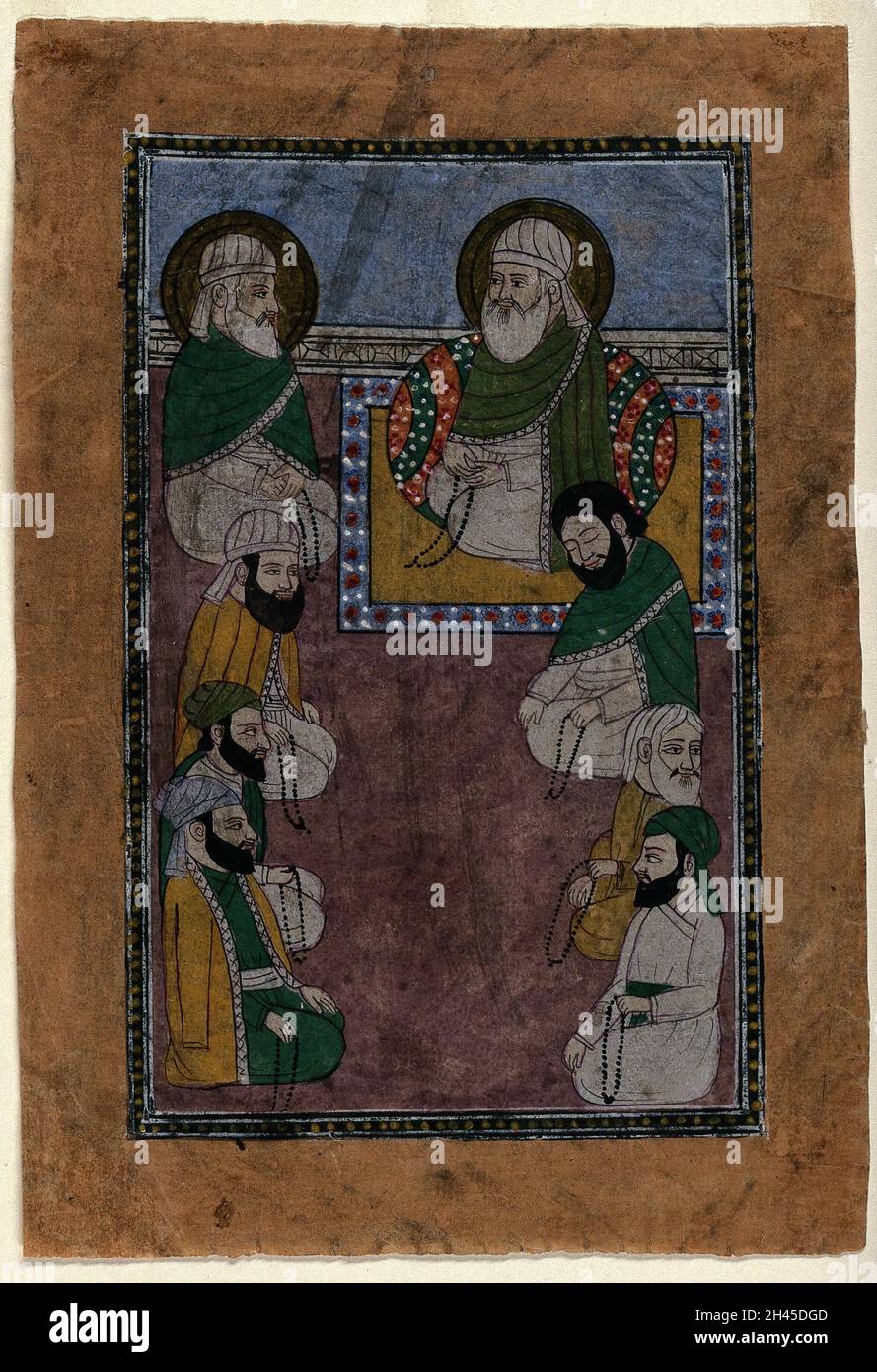 Un homme Saint et sept disciples, tous assis.Peinture gouache. Banque D'Images