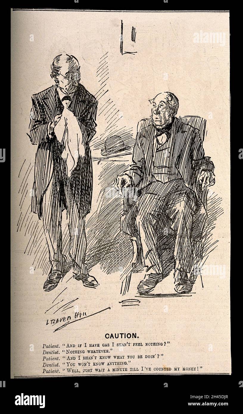 Un patient anxieux vérifiant avec son dentiste que s'il a l'anesthésie de gaz il ne sera pas volé de son argent.Gravure de bois d'après L. Raven-Hill, 1908. Banque D'Images