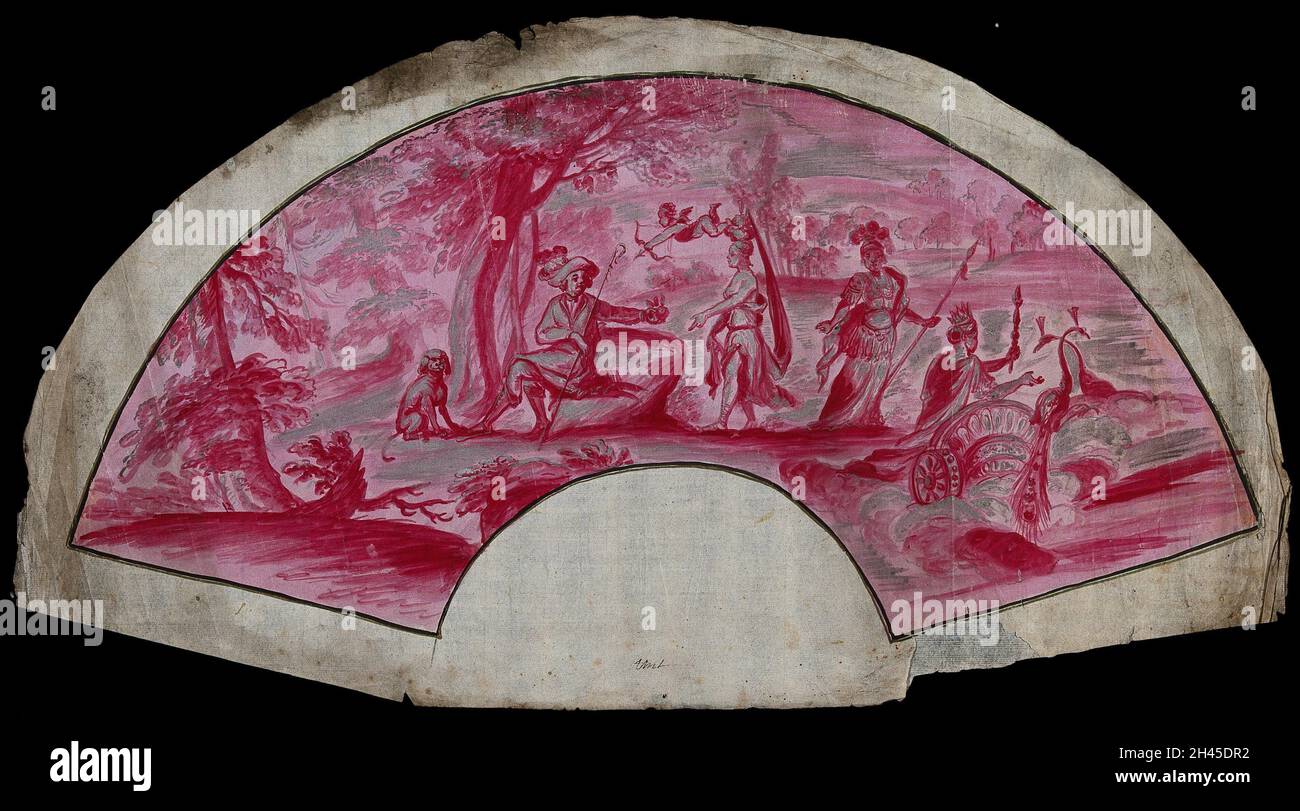 Un gentleman jouant le rôle d'un berger smitten avec amour; des femmes comme déesses venus, Minerva et Juno.Motif gouache pour un ventilateur. Banque D'Images
