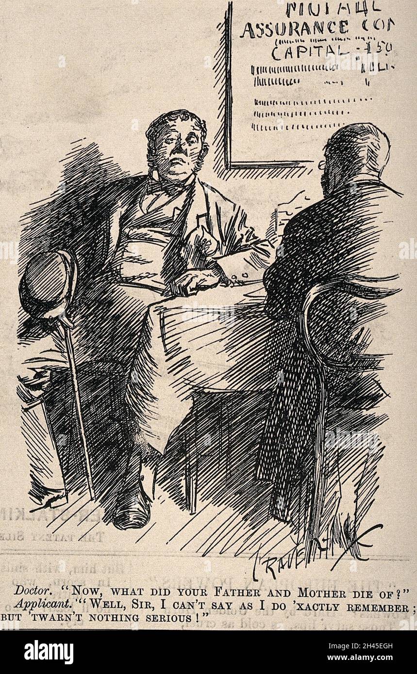 Un homme qui est vérifié par un vendeur d'assurance.Gravure de bois par L. Raven-Hill, 1896. Banque D'Images