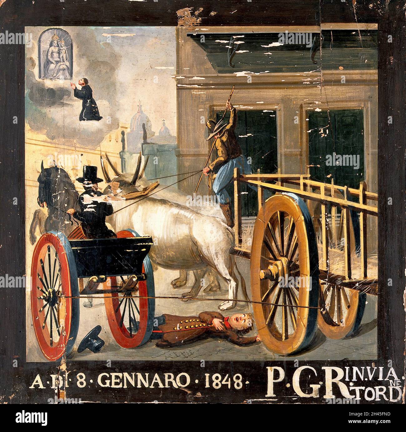 Un homme priant à la Madonna del Parto pour un enfant qui s'est enravie par une carrille de boeuf, 1848.Peinture à l'huile. Banque D'Images