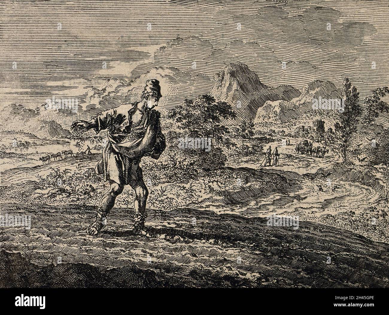 Un homme sème des graines; représentant la parabole de la sower.Gravure. Banque D'Images