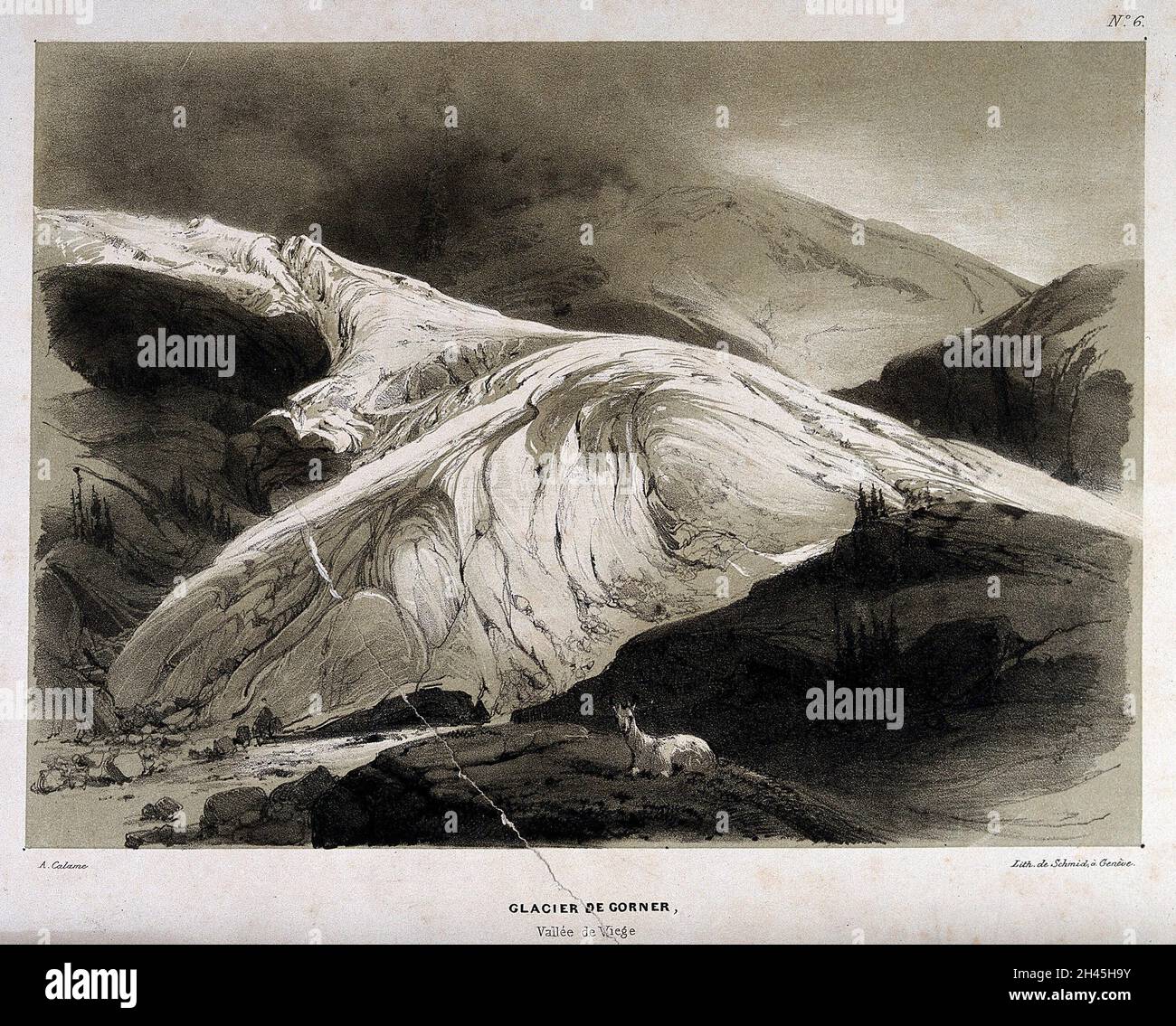 Géologie : le glacier Gorner, en Valais.Lithographie par J. Schmid après A. Calame. Banque D'Images