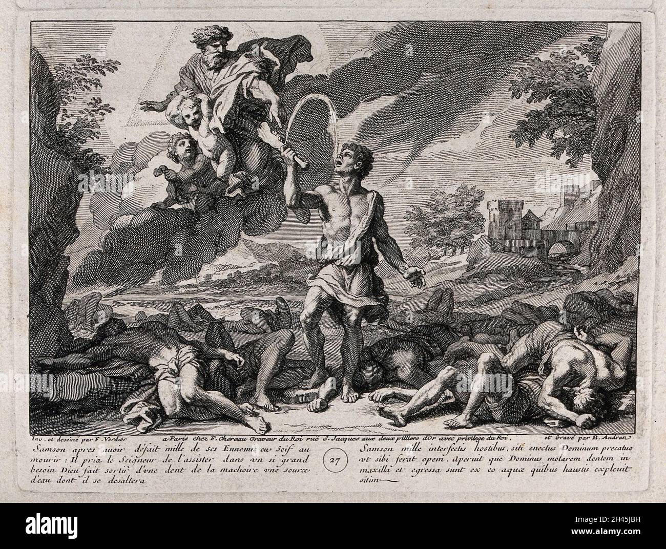 Dieu et deux chérubins font couler l'eau de la mâchoire de l'âne que Samson a utilisée pour tuer les Philistins.Gravure par B. Audran après F. Verdier, 1698. Banque D'Images