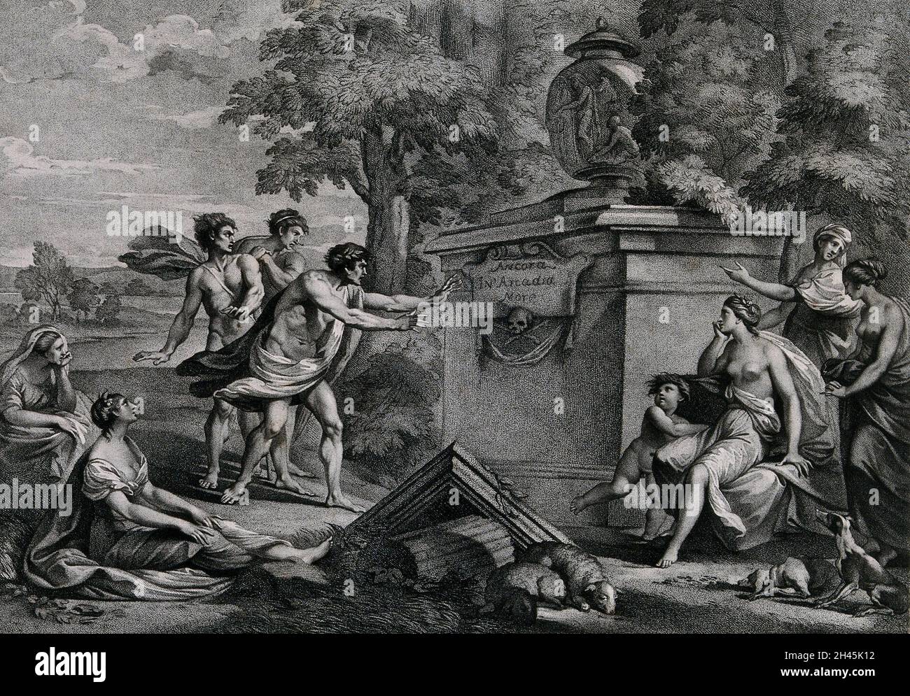 Les bergers d'Arcadia découvrent un tombeau et montrent des signes de détresse et d'horreur.Stipuler avec gravure par Kirk après G.B.Cipriani, 1788. Banque D'Images