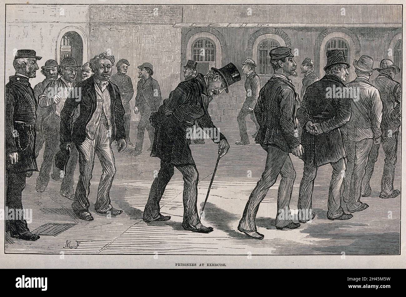 Prison de Newgate, Londres: Hommes prisonniers marchant dans une cour d'exercice.Gravure de bois d'après M. Fitzgerald. Banque D'Images