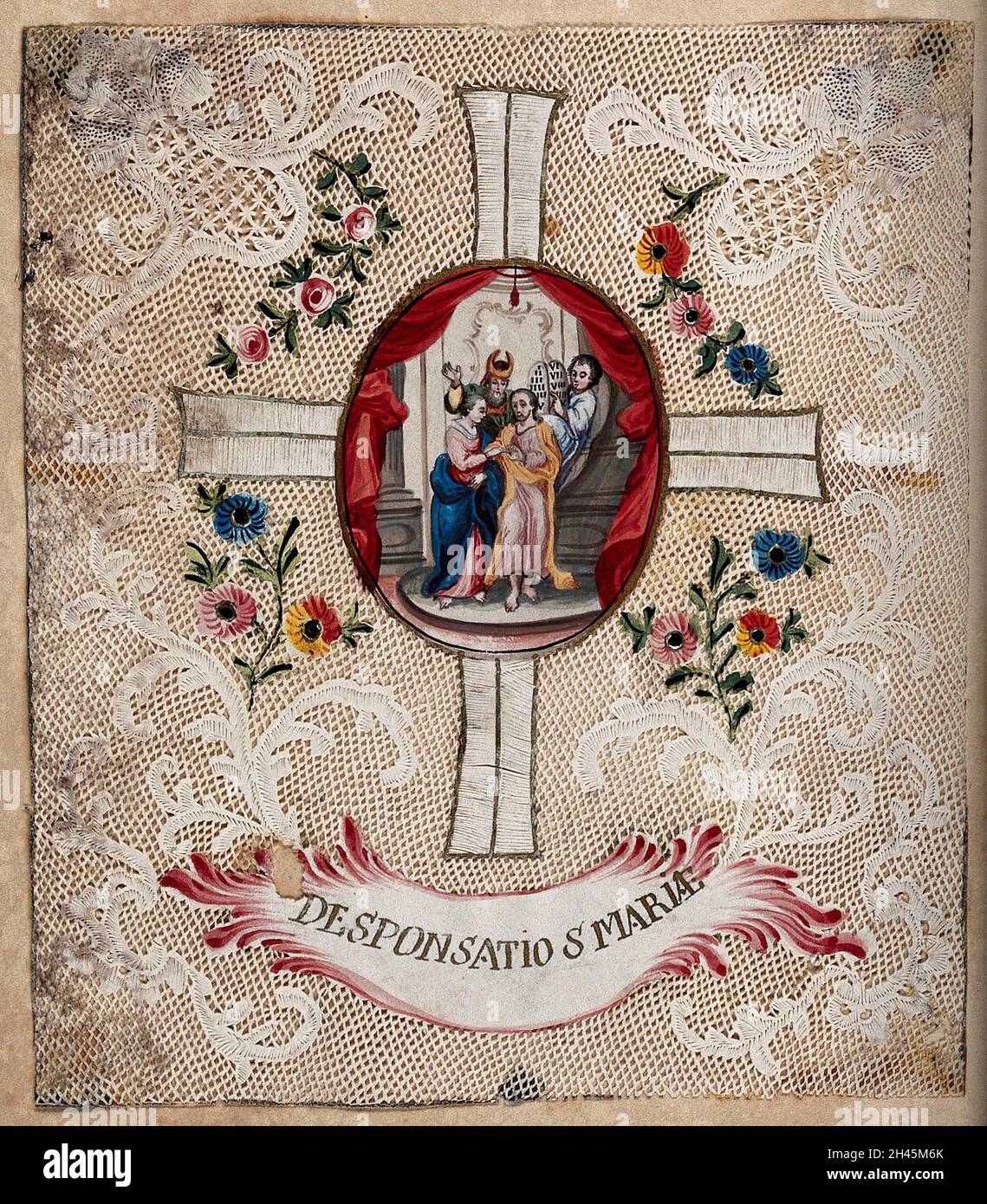 Le betrothal de la Vierge et de Saint Joseph, avec une frontière en filigrane.Papier découpé coloré. Banque D'Images