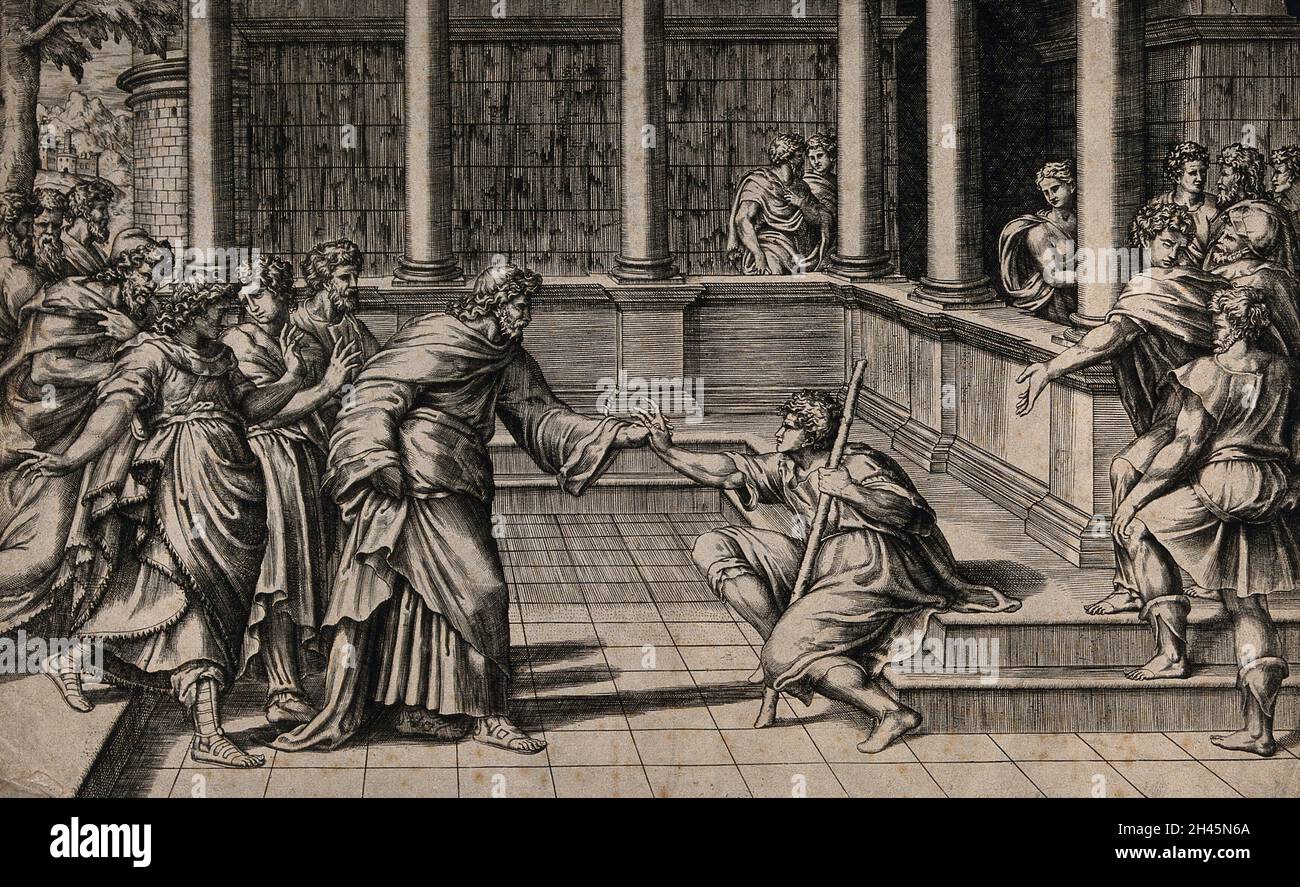 Le Christ guérit un homme boiteux.Gravure. Banque D'Images