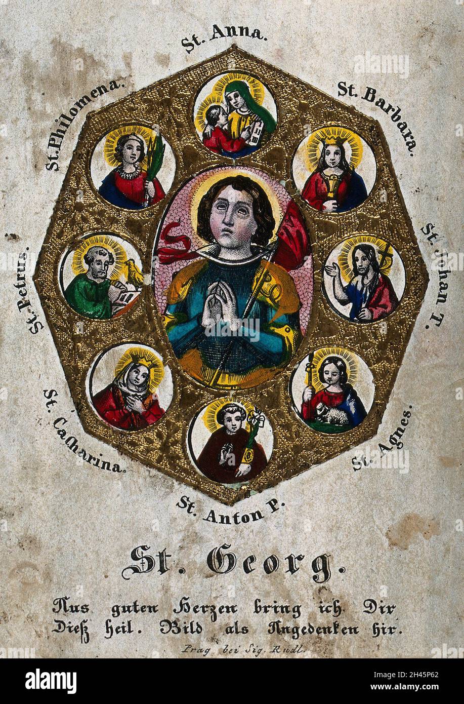 Saint George et Saint Antony de Padoue, Sainte Catherine d'Alexandrie, Saint Pierre l'apôtre, Saint Philomena, Sainte Anne, Saint Barbara, Saint Jean-Baptiste et Saint Agnes.Gravure colorée avec bordure en relief. Banque D'Images