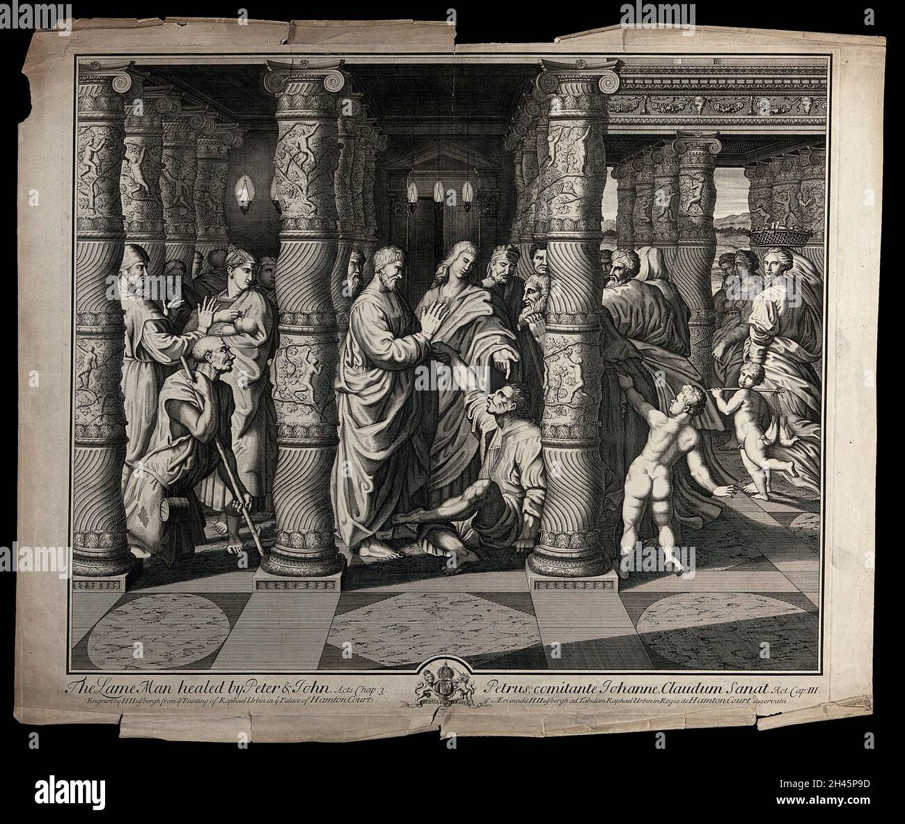 Saint Pierre et Saint John guérissant l'homme boiteux à la porte du temple.Gravure de H. Hulbergh après Raphaël. Banque D'Images