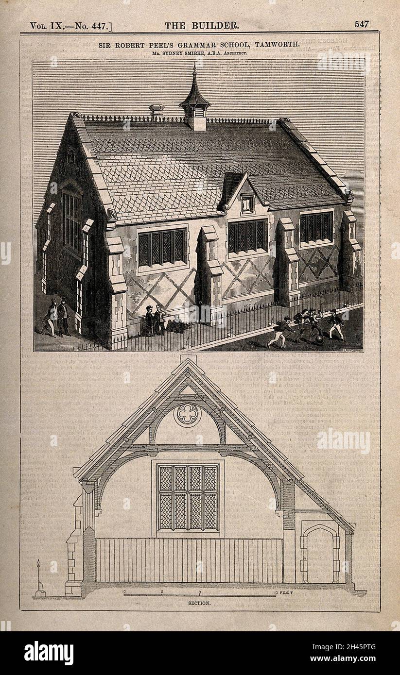 Sir Robert Peel's Grammar School, Tamworth, Staffordshire: Avec des détails architecturaux.Gravure de bois par Laing, 1851, après S. Smirke. Banque D'Images