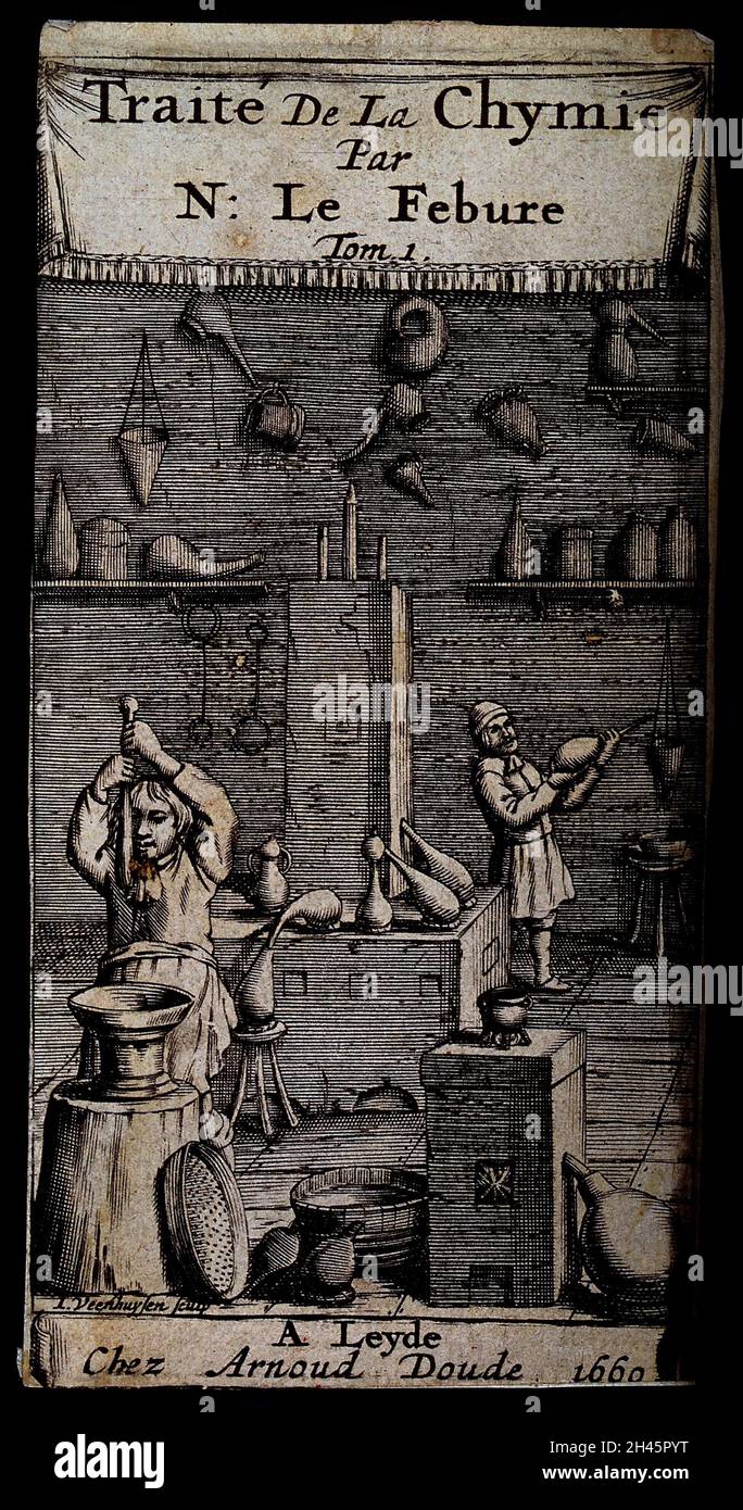 Deux travailleurs dans un laboratoire d'alchimiste, entourés de récipients et d'équipements chimiques.Gravure, 1669. Banque D'Images