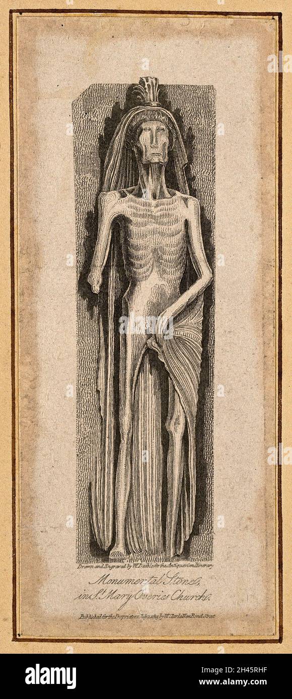 Figure monumentale en pierre de l'église Sainte-Marie-Overies : une figure émaciée partiellement enveloppée dans un carénage, vue de face.Gravure avec gravure par William Deeble, 1815. Banque D'Images