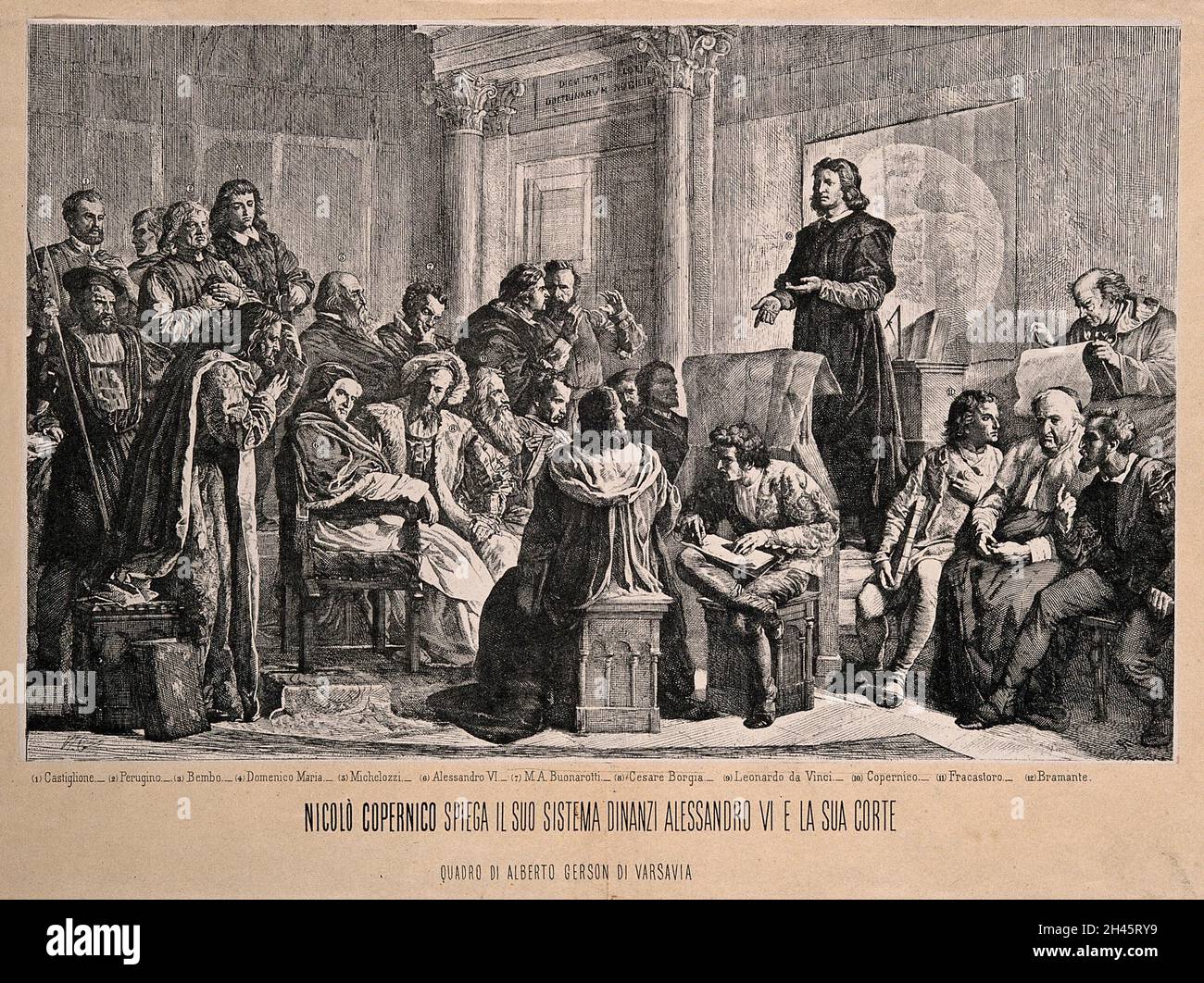 Nicolas Copernicus explique son système planétaire à Alexandre VI et aux artistes de la cour papale.Reproduction photomécanique d'une gravure de bois par [W.G.] d'après A. Gerson. Banque D'Images