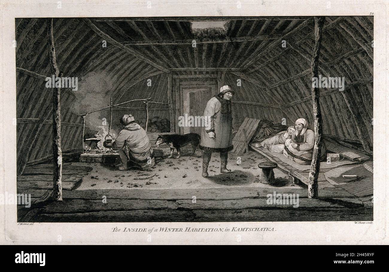 L'intérieur d'une maison d'hiver à Kamtschatka (Russie); rencontré par le capitaine Cook lors de son troisième voyage (1777-1780).Gravure par W. Sharp après J. Webber, 1780/1785. Banque D'Images