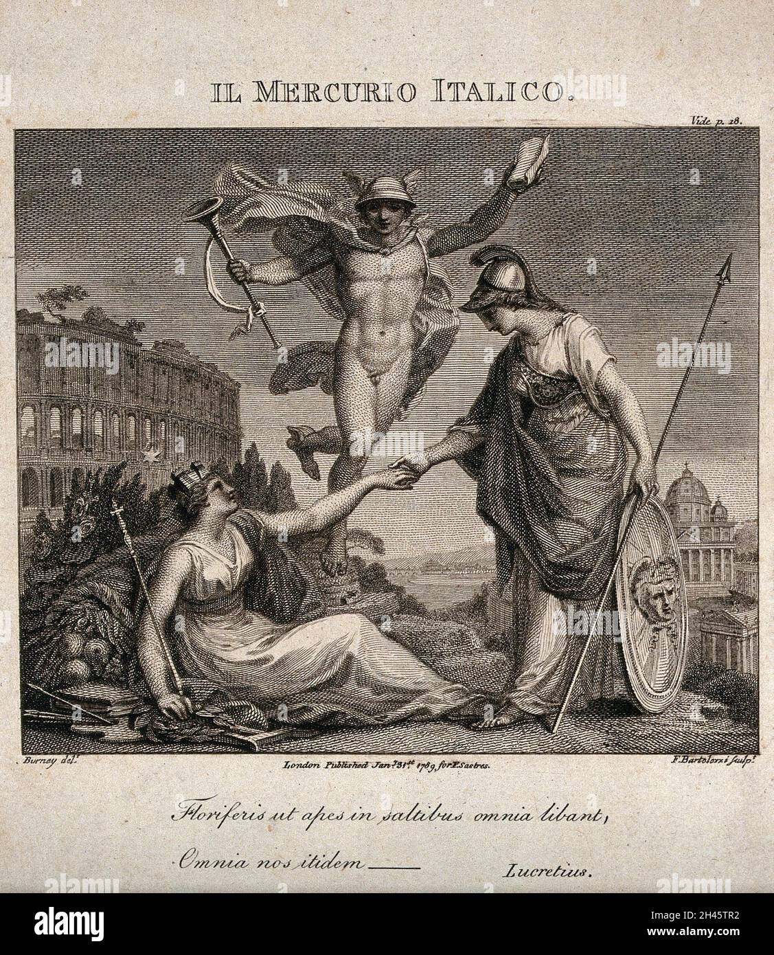 Minerva, en tant que déesse des arts, se serrant la main avec Italia; derrière eux Mercure, le Dieu messager.Gravure de F. Bartolozzi, 1789, après Burney. Banque D'Images