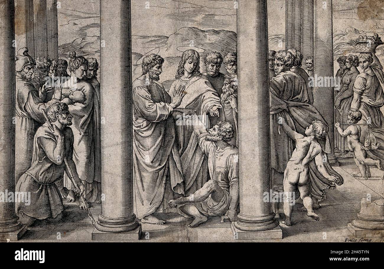 Saint Pierre et Saint John guérissent l'homme boiteux.Gravure de B. Franco, il Semolei, après Raphaël. Banque D'Images