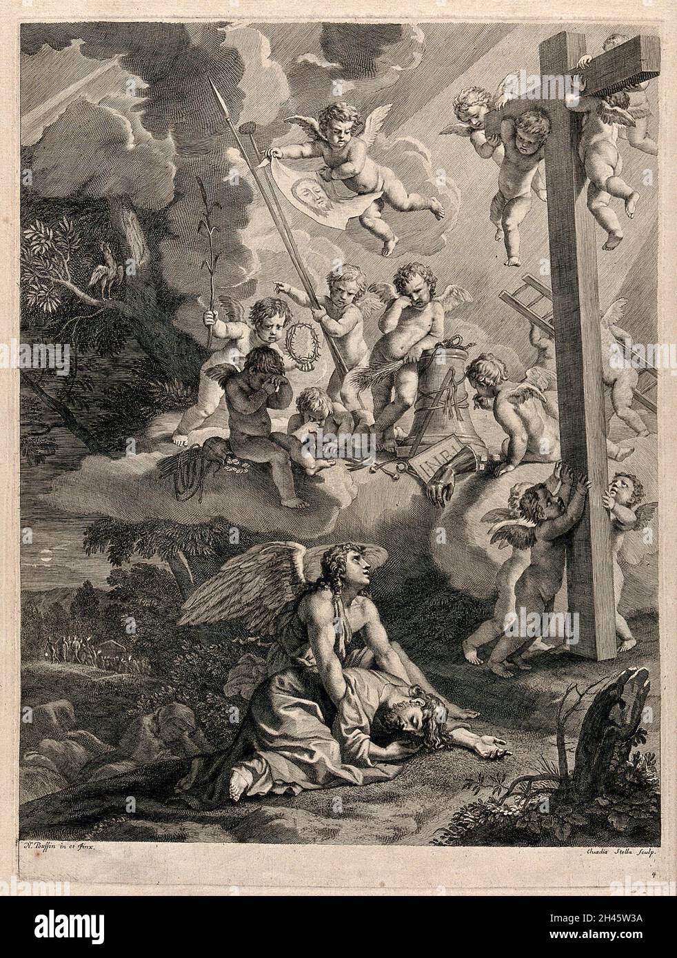 L'agonie du Christ dans le jardin de Gethsemane; un ange descend pour le renforcer tandis que les chérubins volent avec les instruments de la passion.Gravure de C. Bouzonnet Stella d'après J. Stella. Banque D'Images