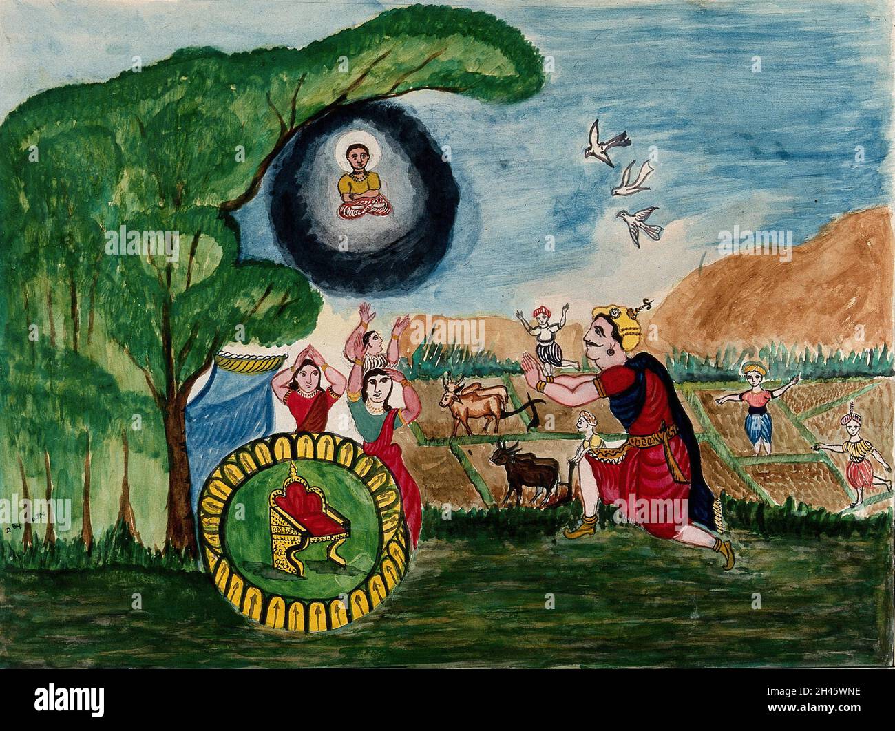 Une scène mythologique: Un homme s'agenouille avec des mains pliées comme il voit une vision d'un garçon avec un halo autour de sa tête, comme d'autres personnes regardent dans l'étonnement.La peinture de gouache par un artiste indic. Banque D'Images