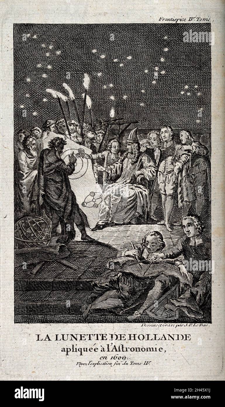 Astronomie : rassemblement de personnes autour d'une carte astronomique.Gravure d'après J. P. le Bas. Banque D'Images