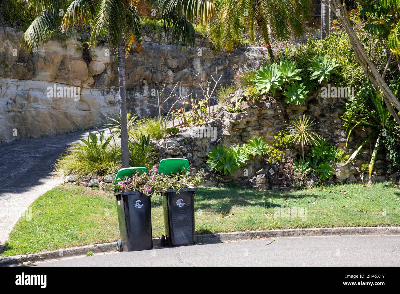 Australie, jardins verdoyants bennes pleines de déchets de jardin et de végétation dans la rue en attente de la collecte du conseil, Avalon Beach faubourg à Sydney, Australie Banque D'Images