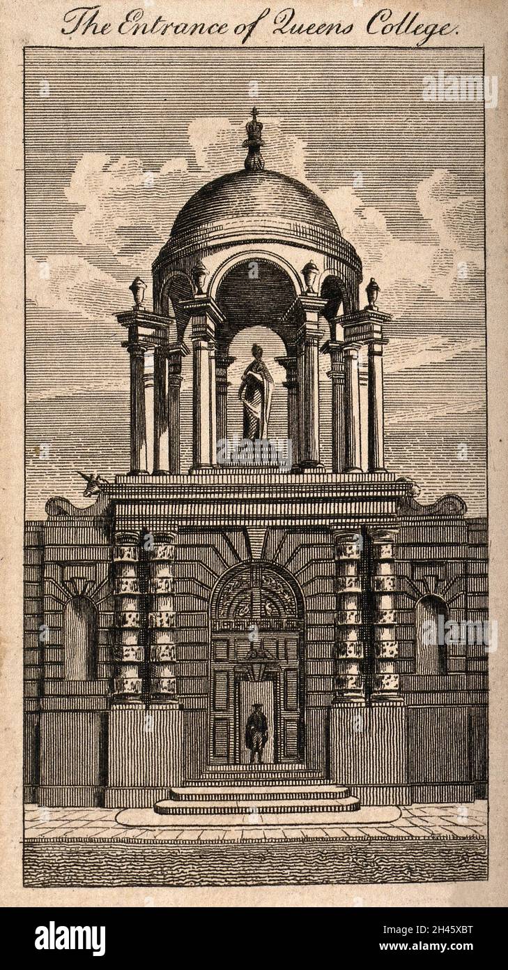 Queen's College, Oxford : porte d'entrée.Gravure de ligne. Banque D'Images