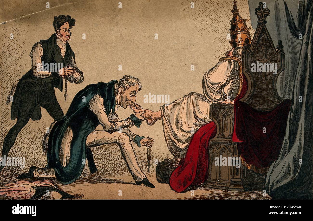 Le duc de Wellington embrasse la pointe du Pape, tandis que Roobert Peel tient un rosaire, représentant l'Emancipation catholique.Gravure colorée par William Heath, vers 1829. Banque D'Images