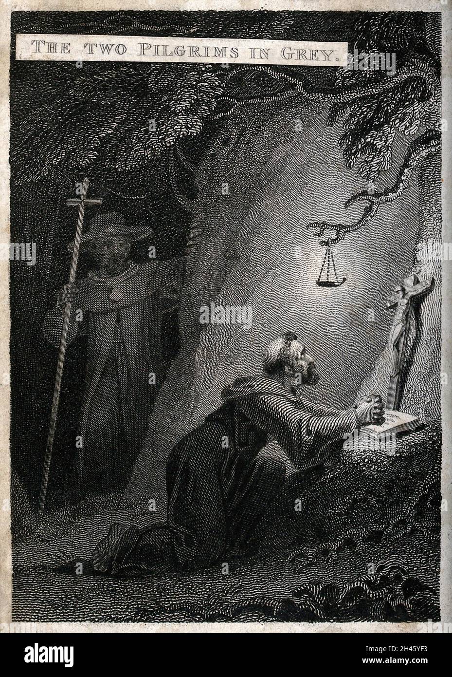 Un pèlerin découvre un moine la nuit qui s'agenouille dans la prière avant la Croix.Gravure par C. Heath après R. Westall. Banque D'Images