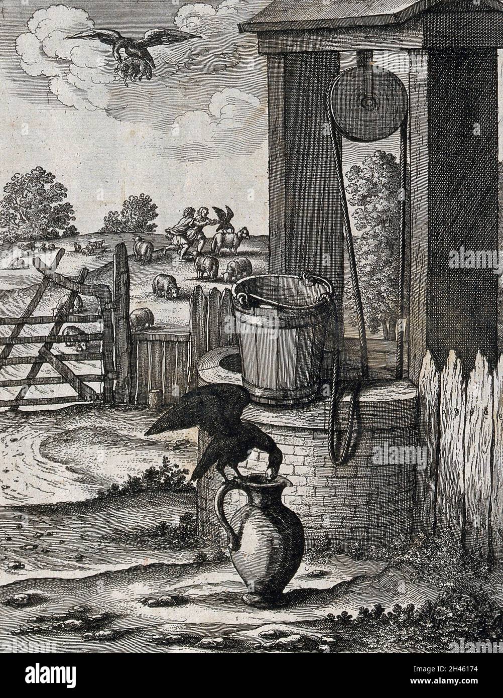 Un corbeau est debout sur la poignée d'un grand pichet devant un puits; illustration d'un fable par J. Ogilby. Banque D'Images