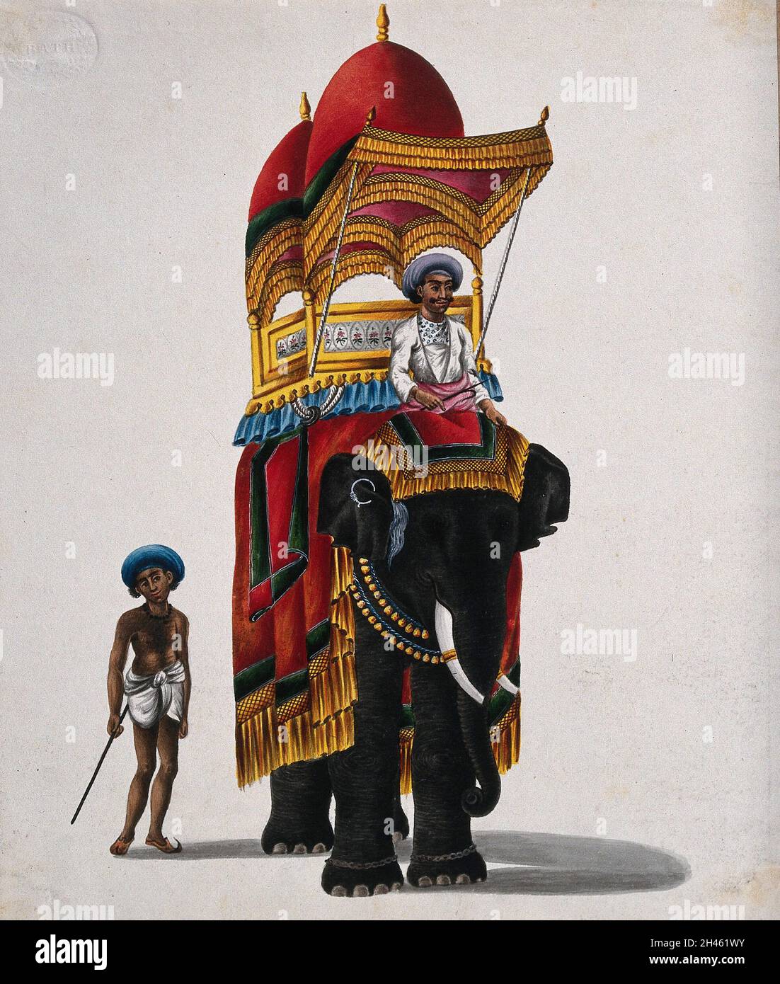 Un éléphant portant un howdah, avec deux accompagnateurs.Gouache par un artiste indien. Banque D'Images