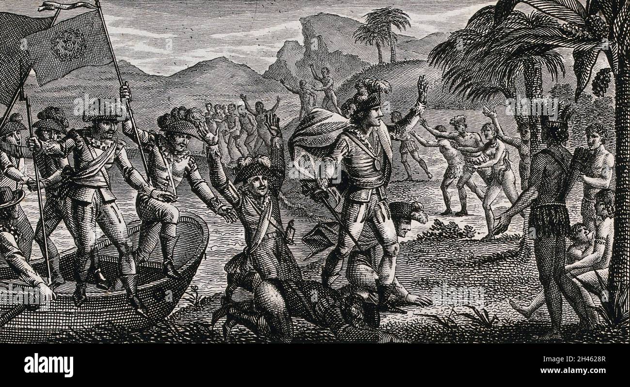 Christophe Colomb débarque dans le Nouveau monde.Gravure par A.C.F.Villerey après N. Vallain. Banque D'Images