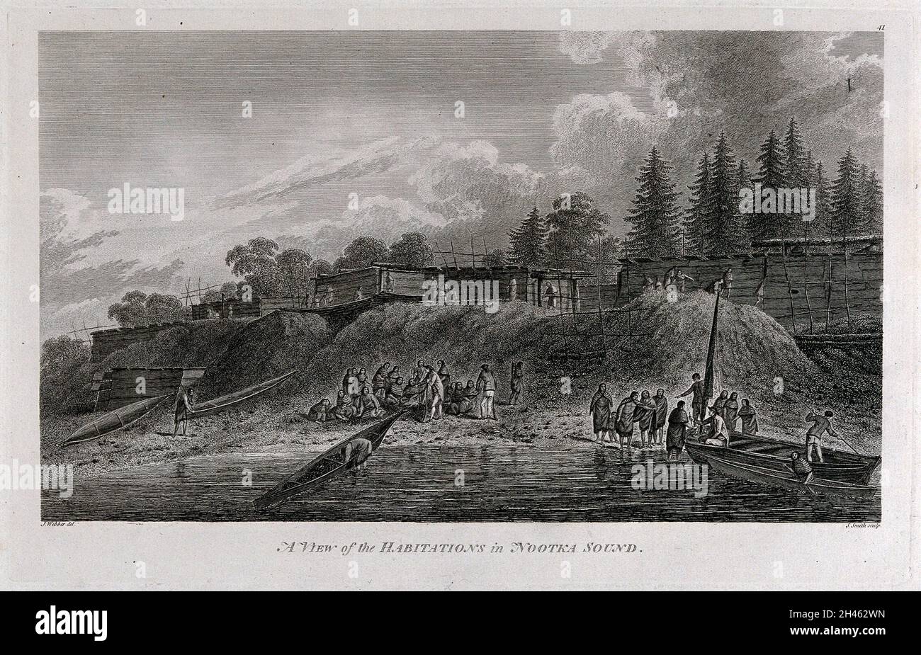 La rive du détroit de Nootka (Colombie-Britannique, Canada) avec certains de ses habitants, rencontré par le capitaine Cook lors de son troisième voyage (1777-1780) gravure par S. Smith après J. Webber, 1780/1785. Banque D'Images