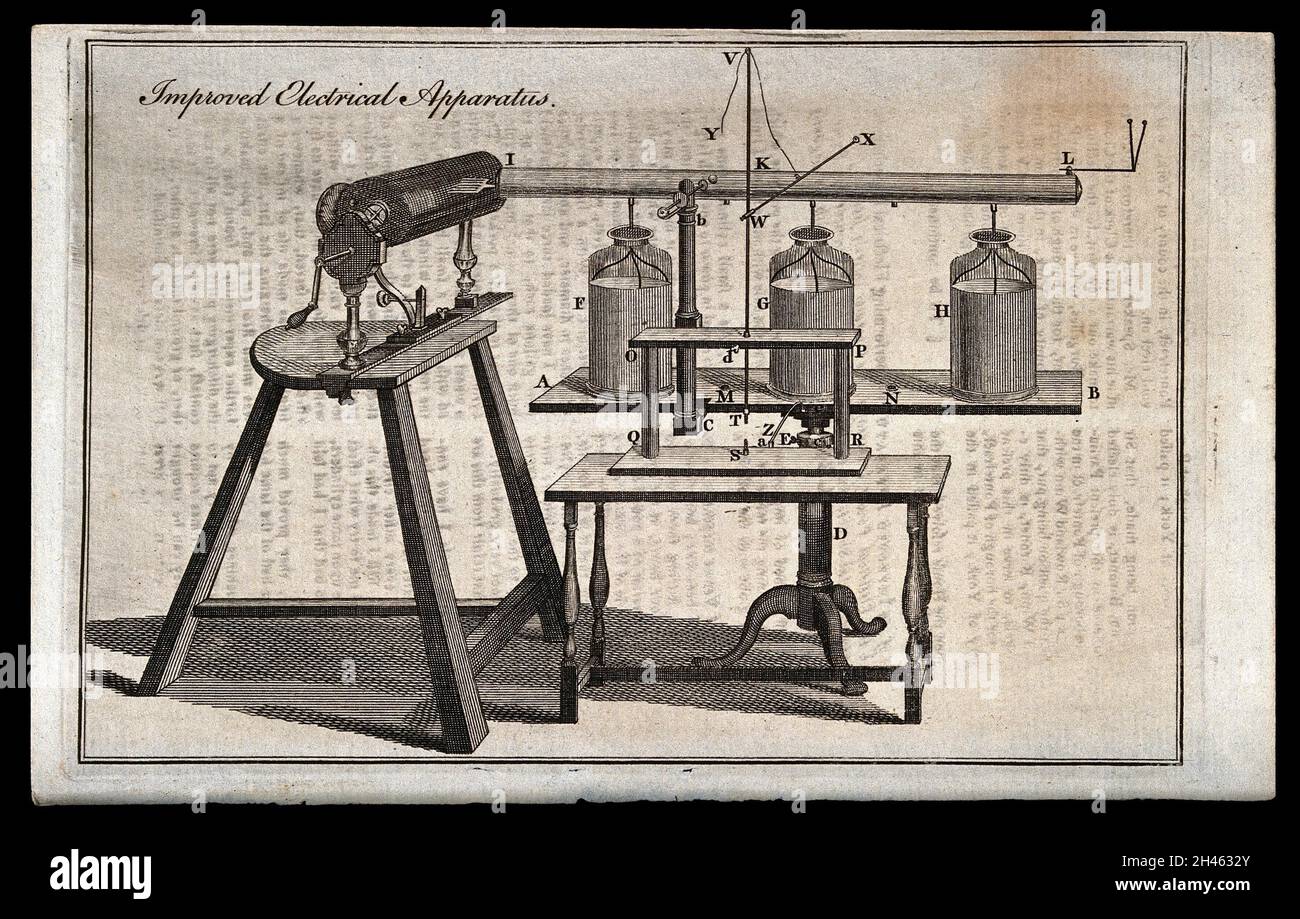 Électricité : une machine électro-statique qui charge trois Jars de Leyden.Gravure. Banque D'Images