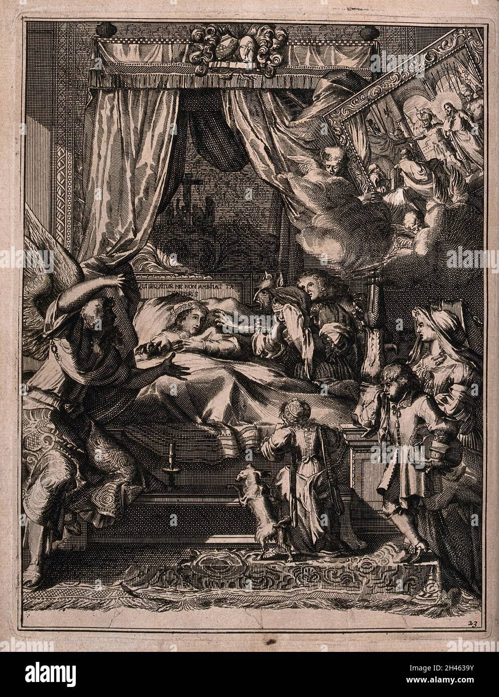 Un homme mourant atteint un ange à la protection d'un démon.Gravure. Banque D'Images