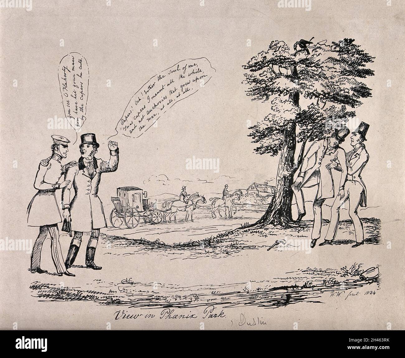 Un homme est blessé après avoir été duel avec des pistolets à Phoenix Park, Dublin.Gravure, 1834. Banque D'Images