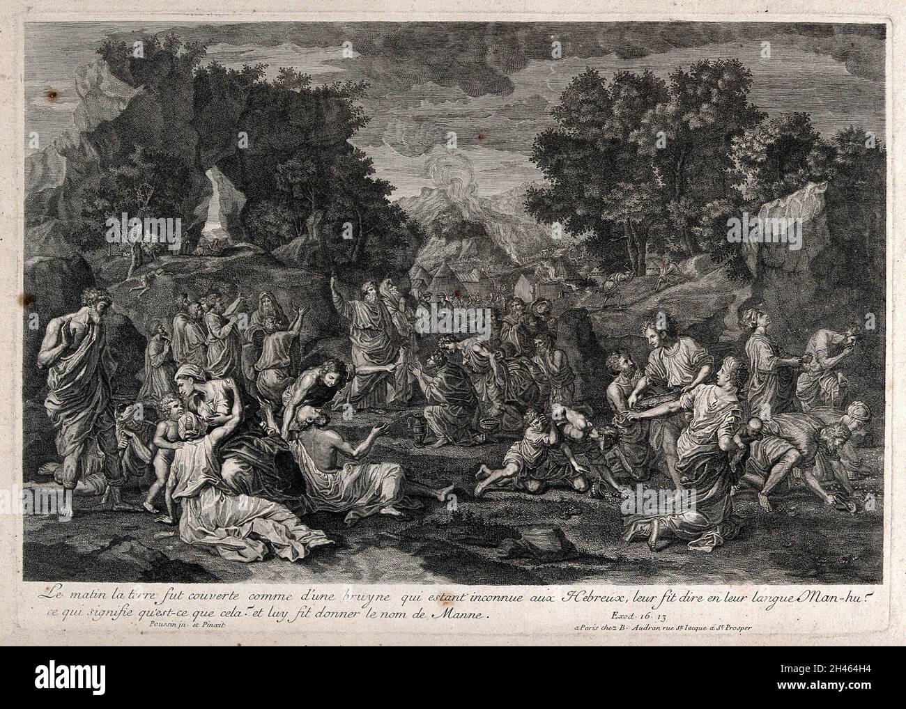 Le peuple de Moïse reçoit la manne du ciel dans le désert.Gravure par B. Audran I d'après N. Poussin, 1637-1639. Banque D'Images