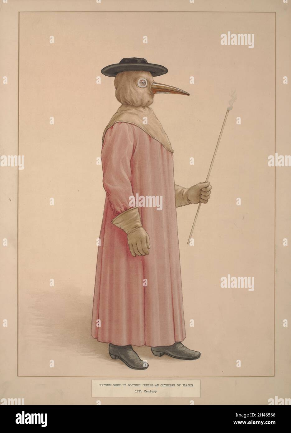 Un médecin portant un costume de prévention de la peste du XVIIe siècle.Aquarelle. Banque D'Images