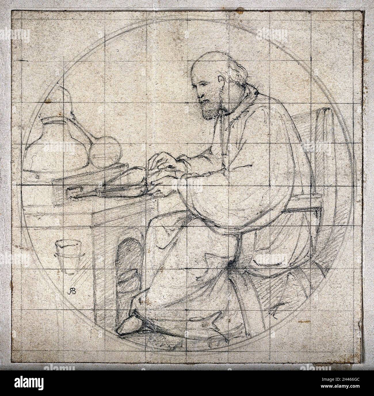 Un homme assis dans l'habitude d'un moine, soufflant des soufflets, avec un alembic.Dessin au crayon de [A.B.]. Banque D'Images