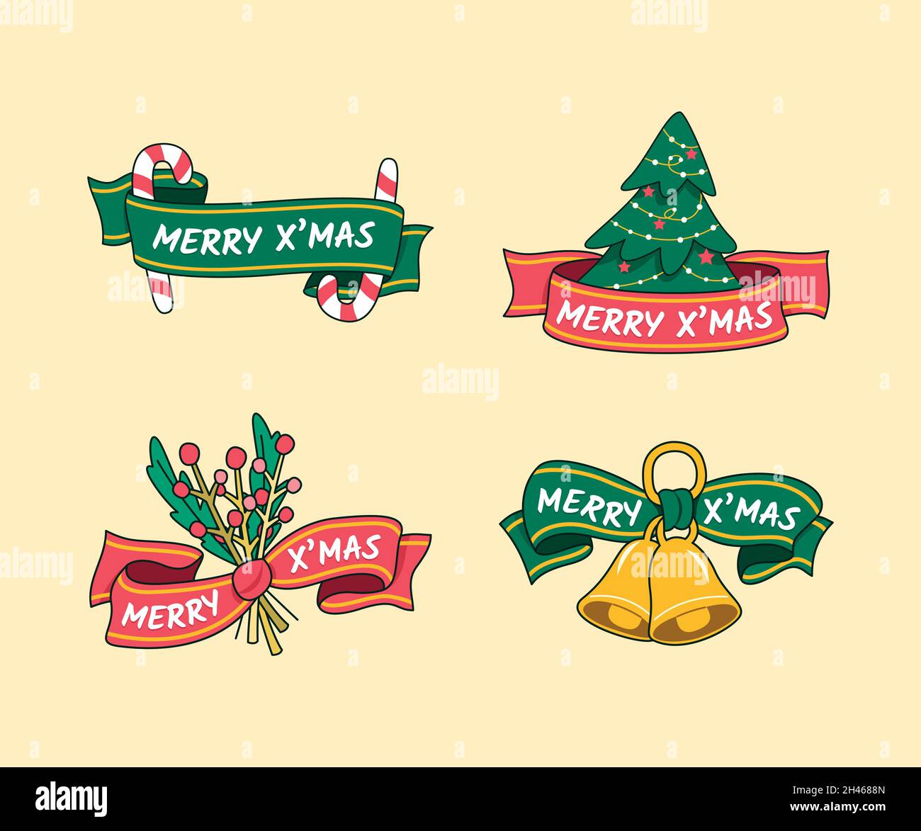 Lot de badges de Noël dessinés à la main. Illustration de Vecteur