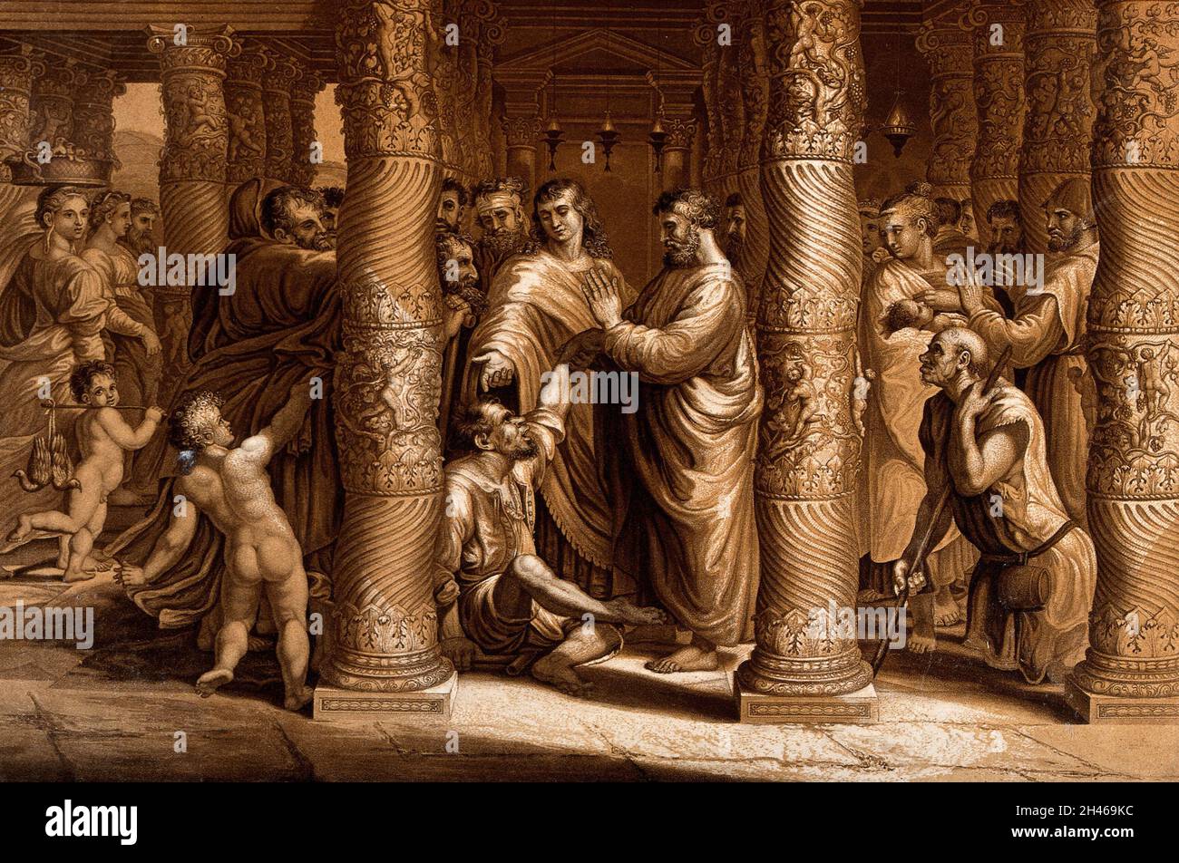 Les apôtres Pierre et Jean guérissent l'homme boiteux.Traiter l'impression après Raphaël. Banque D'Images