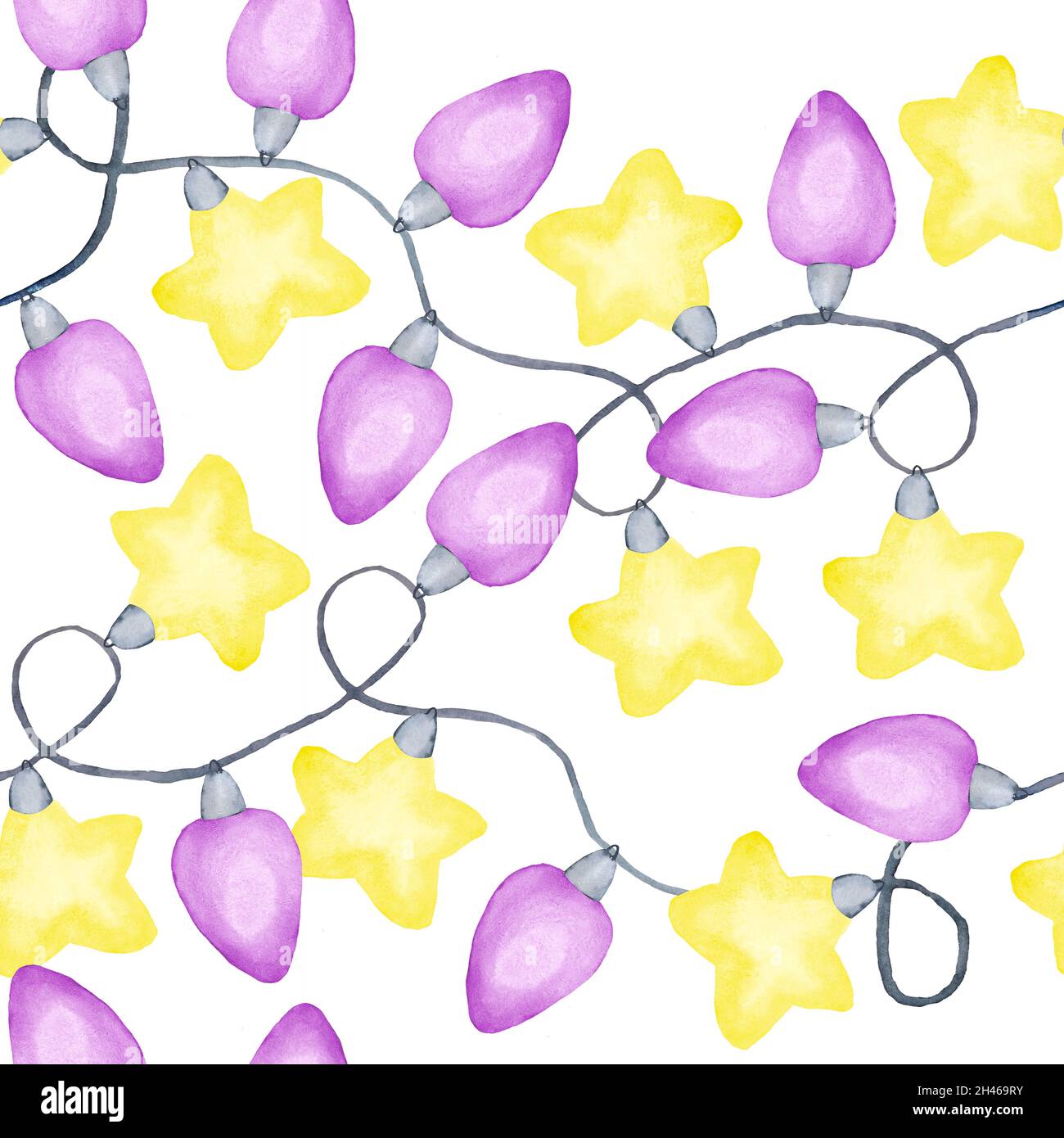 Aquarelle dessin à la main sans couture avec jaune violet lumières de Noël ampoules électriques, décoration tentures guirlande.Imprimé brillant pour fêtes d'hiver pour papier d'emballage textile du nouvel an Banque D'Images