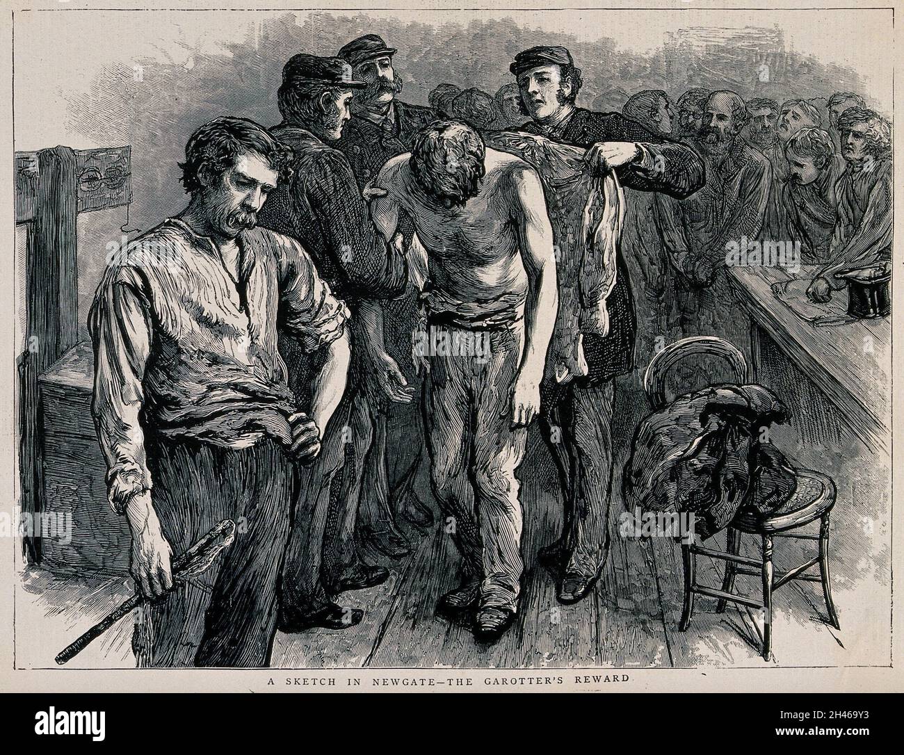 Newgate prison, Londres: Un homme est posé sur ses épaules par un gardien de prison après qu'il a été figé par un homme avec une queue de chat o'Nine.Gravure de bois, 1872. Banque D'Images