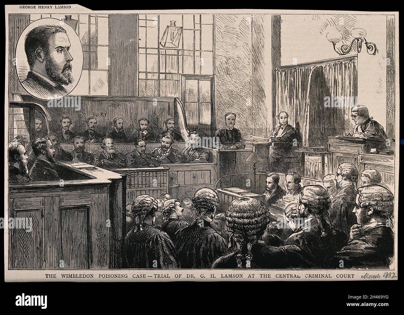 Épisodes du procès du Dr G. H. Lamson (l'empoisonneur de Wimbledon) devant la Cour pénale centrale en 1882.Gravure en bois. Banque D'Images